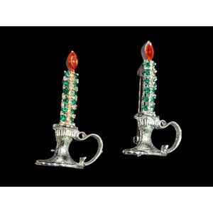 Silver Rhinestone Candlestick Brooch Set Red Flame Green Accents 2 Inches Vintag